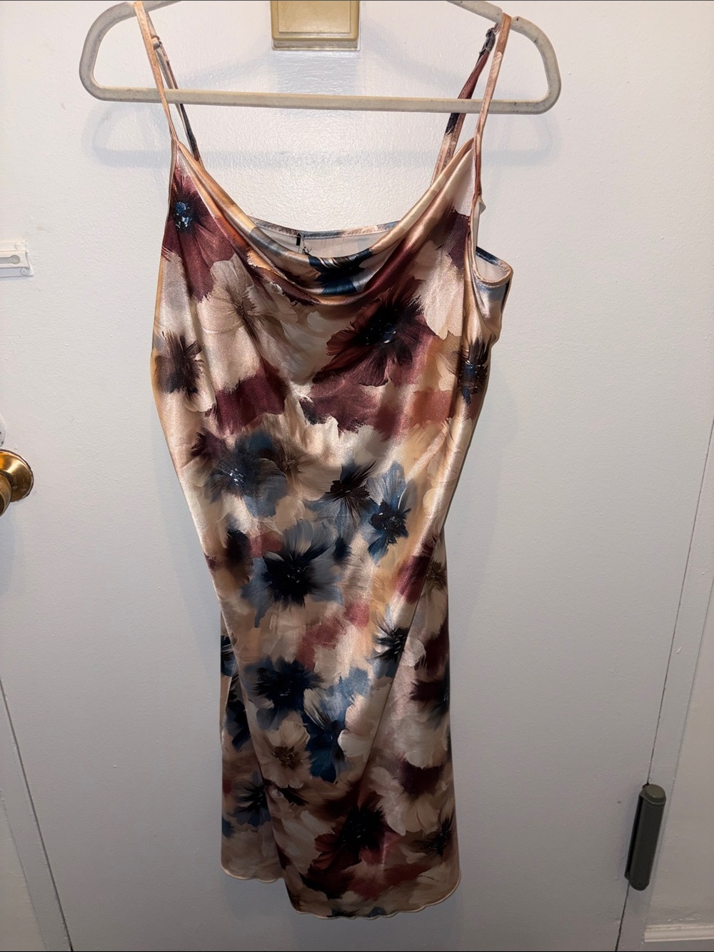 bebe Satin Slip Midi Dress in Burgundy, Blue & Cream Floral